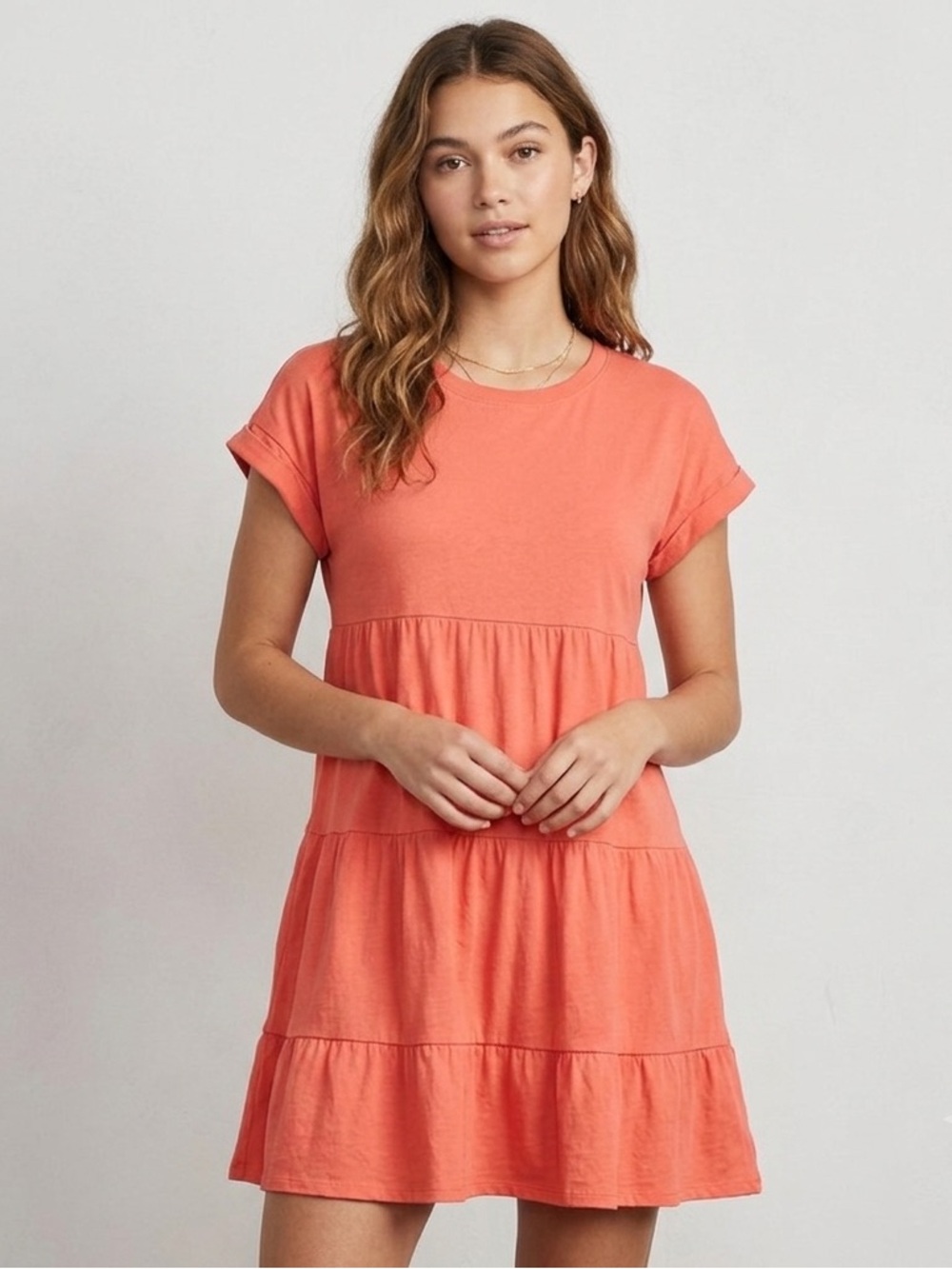 Time and Tru Coral Tiered Mini Babydoll Dress, Size Small 4-6, Cotton